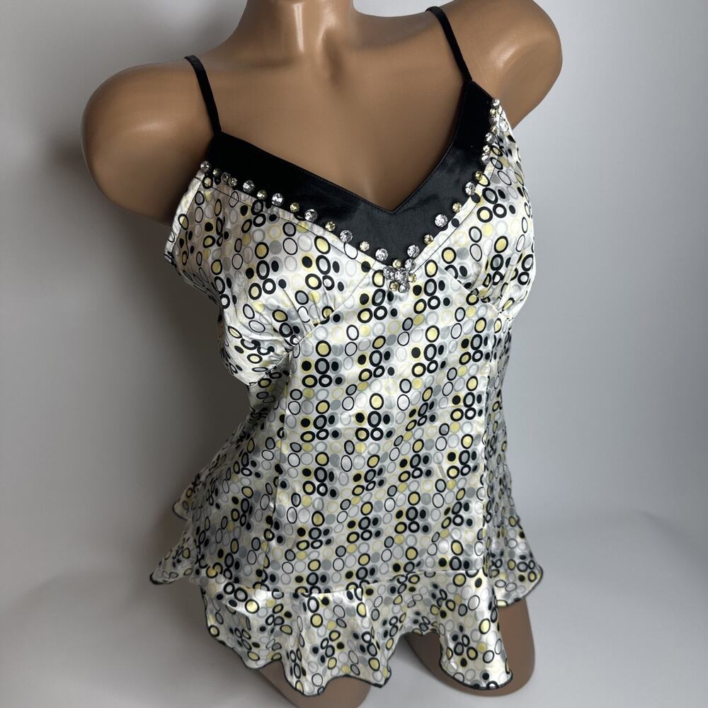 Elisa Landri Yellow Satin Camisole Top Medium Circle Print Swarovski Crystal NWT